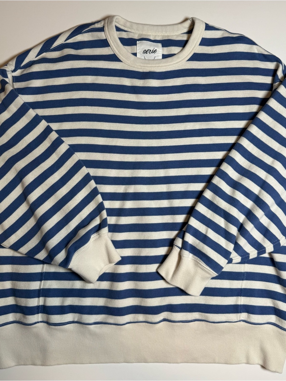 Aerie Go-To Striped Oversized Crewneck Sweatshirt Lounge Natural Blue XL